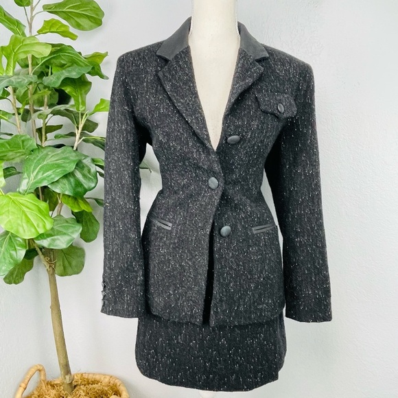 Vintage Ann Tjian For Kenar Petite Tweed Charcoal Mini Skirt Blazer Suit SET - Picture 2 of 13